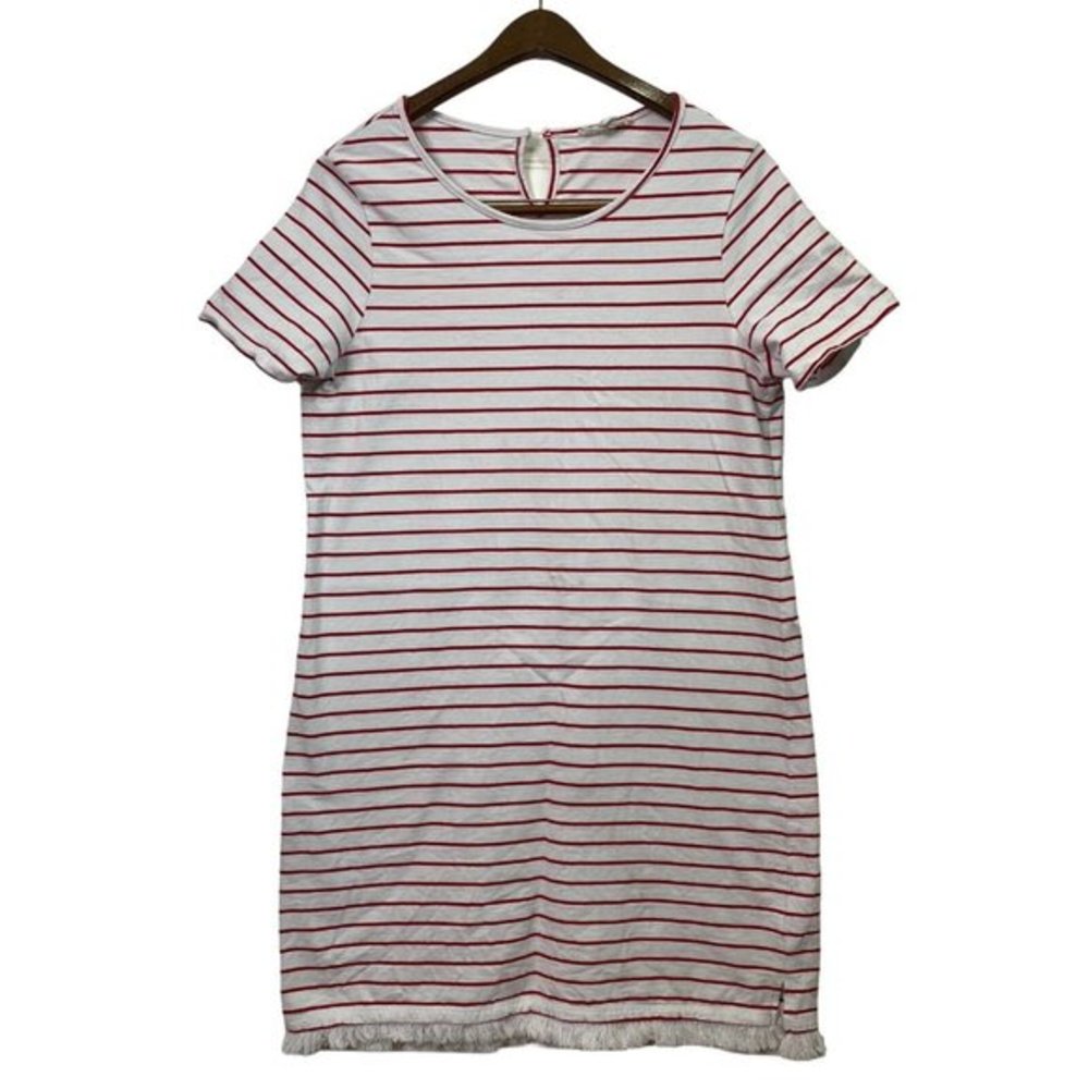 Beach Lunch Lounge Striped Shift‎ Dress Large Red White Sleeveless Bottom Fringe